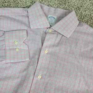 Brooks Brothers Regent Mens 16-2/3 Pink White Plaid Check Button Up Long Sleeve